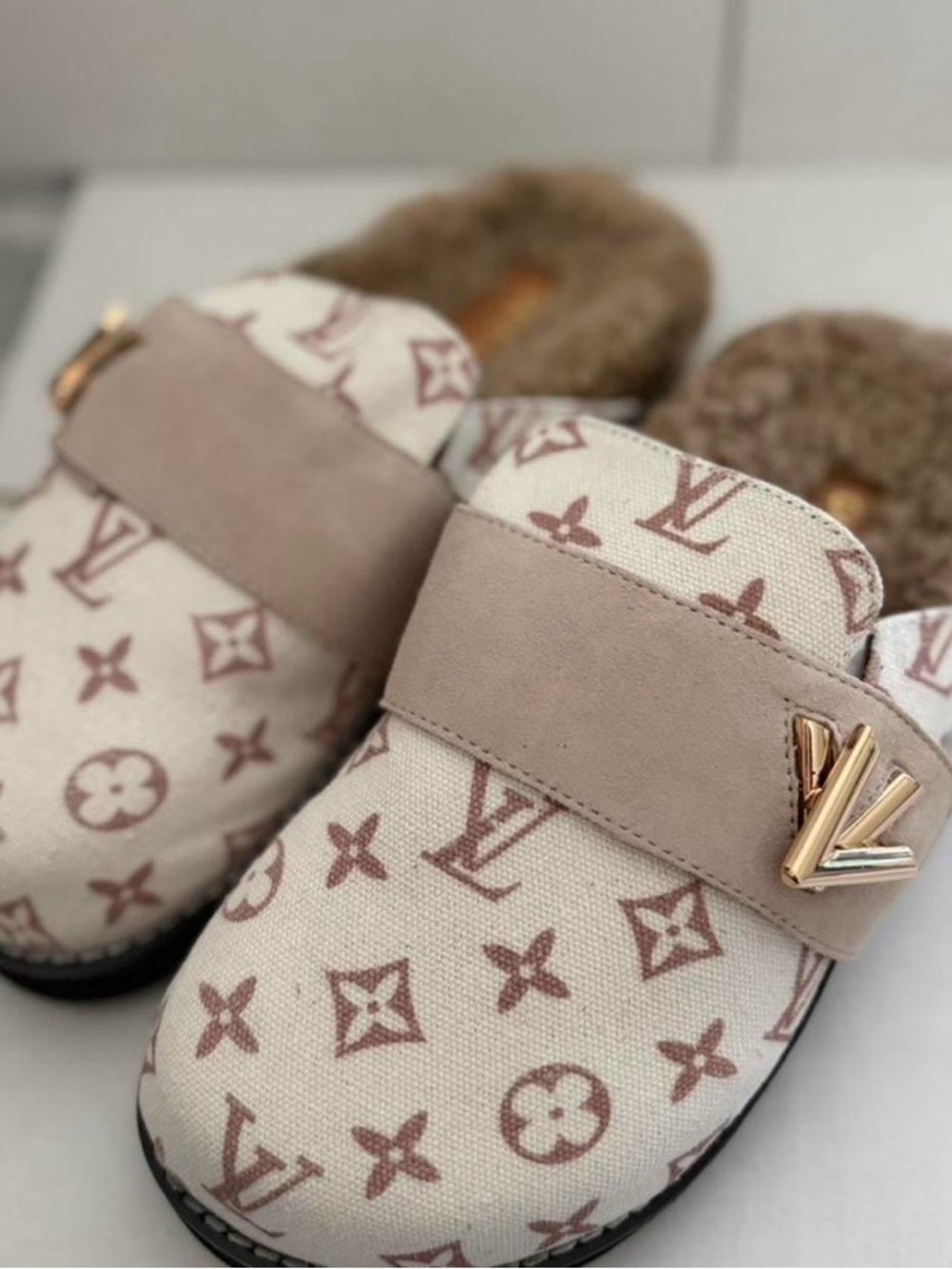 Louis Vuitton Cream & Beige Monogram Fur-Lined Mules